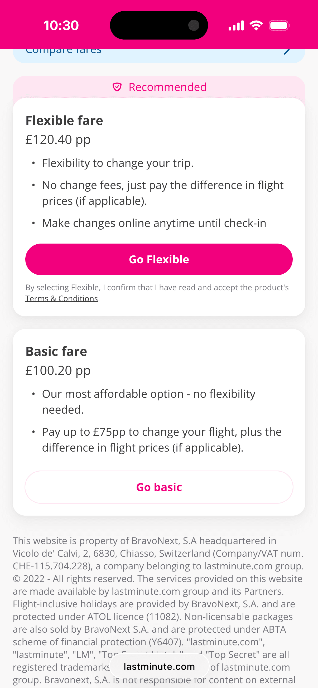 The Basic fare card below the Flexible one, stating plainly that it's the most affordable option with no flexibility needed