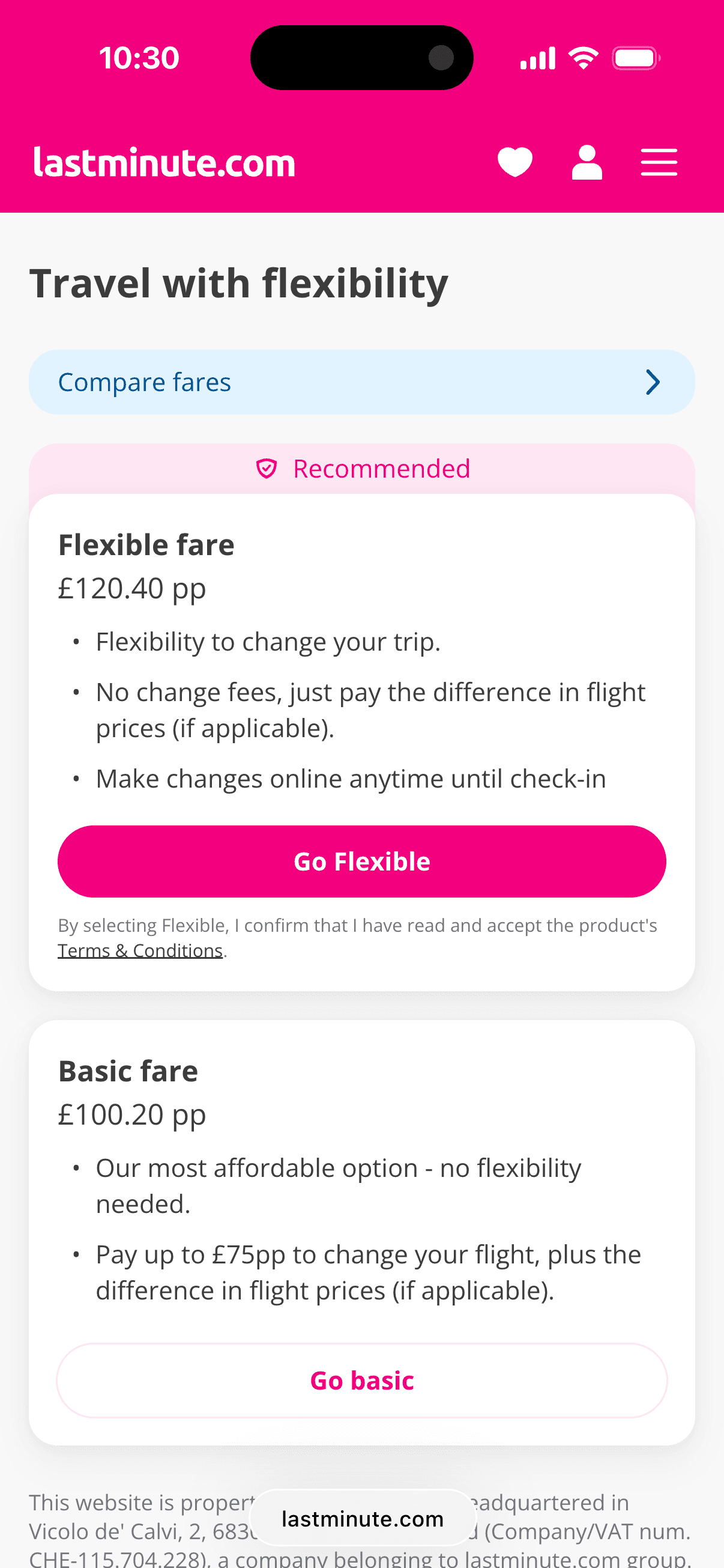 The fare selection screen with the Flexible fare recommended, listing its benefits and its change terms together